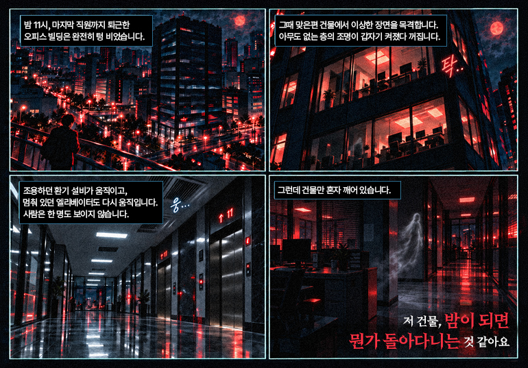 EP03 아무도 없는 오피스에 불이 켜졌다 컷 1:밤 11시, 마지막 직원까지 퇴근한 오피스 빌딩은 완전히 텅 비었습니다. 컷 2:그때 맞은편 건물에서 이상한 장면을 목격합니다. 아무도 없는 층의 조명이 갑자기 켜졌다 꺼집니다. 탁.. 컷 3:조용하던 환기 설비가 움직이고, 멈춰 있던 엘리베이터도 다시 움직입니다. 사람은 한 명도 보이지 않습니다. 웅... 컷 4:그런데 건물만 혼자 깨어 있습니다. 저 건물, 밤이 되면 뭔가 돌아다니는 것 같아요